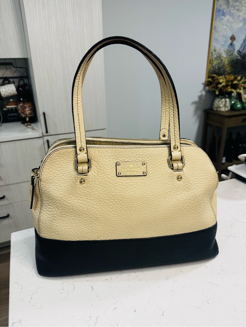 kate spade Two-Tone Cream and Black Pebbled Satchel